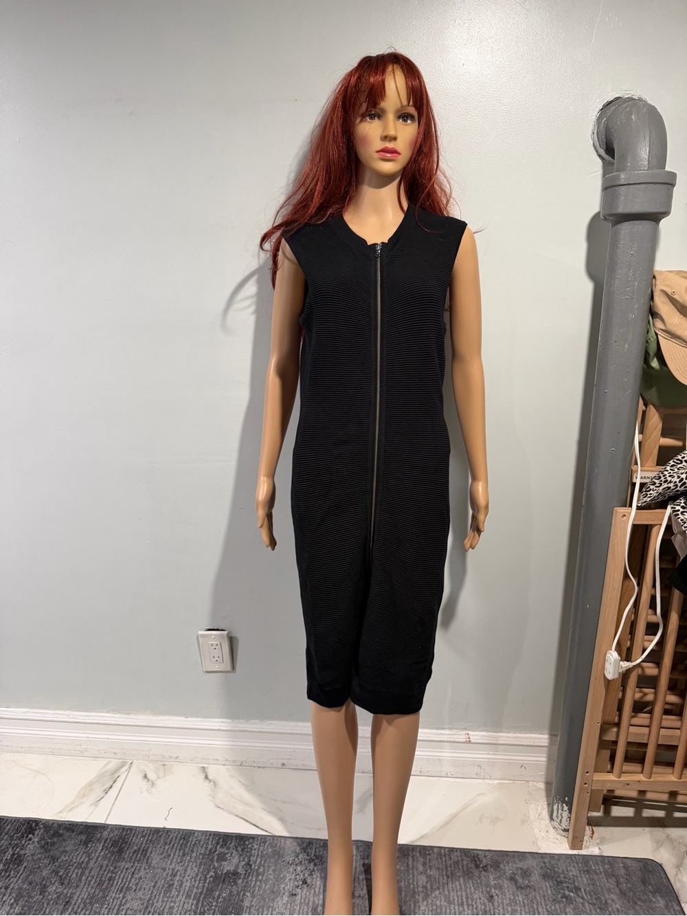 Sleeveless Black Zip-Front Midi Romper